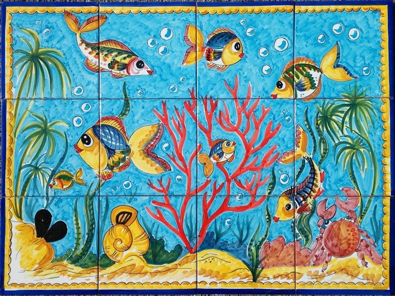 Murale in Piastrelle Di Ceramica Dipinte A Mano - Coralli E Pesci Tropicali