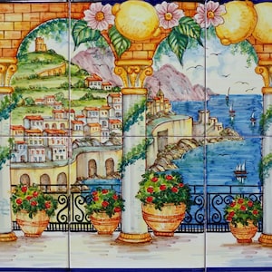 Terrazza con fiori e limoni, Amalfi Italia, Tesori di Amalfi, Sud Italia, Amalfi Seascape, Splendida vista, Backsplash Piastrelle