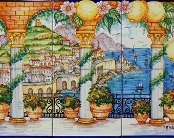 Terrazza con fiori e limoni, Amalfi Italia, Tesori di Amalfi, Sud Italia, Amalfi Seascape, Splendida vista, Backsplash Piastrelle