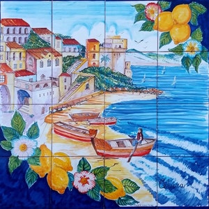 Backspalsh Bemalte Fliesen, Cetara Italien, Keramikfliesen, Panorama Wandkunst, Dekor für Zuhause, Wanddekoration, Italienischer Zitronenbaum, Deruta Italien
