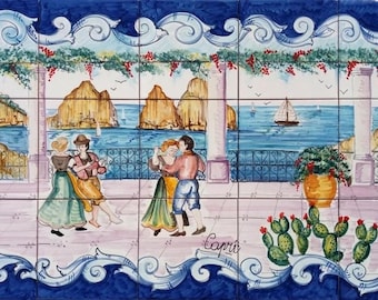 Handgemaltes Italienisches Fliesenbild - Capri Küste, Romantische Szene