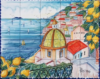 Tile Mural, Coast of Positano Italy, Hand Painted Art Tile, Tile Wall Art, Outdoor Wall Tiles, Murals for Kitchen, Ceramic Glaze