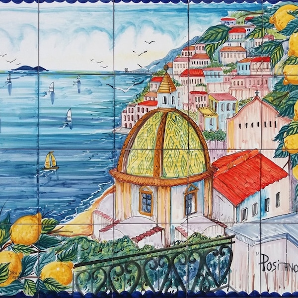 Mural de azulejos, Costa de Positano Italia, Azulejos de arte pintados a mano, Arte de pared de azulejos, Revestimientos de pared para exteriores, Murales para cocina, Esmalte de cerámica