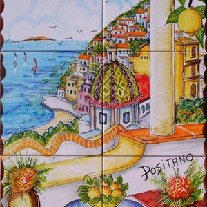 Positano Art Tiles Hand Painted, Vertical Decor, Yellow Lemons and Flowers of Amalfi Coast, Backsplash Mural, Tiles Decoration