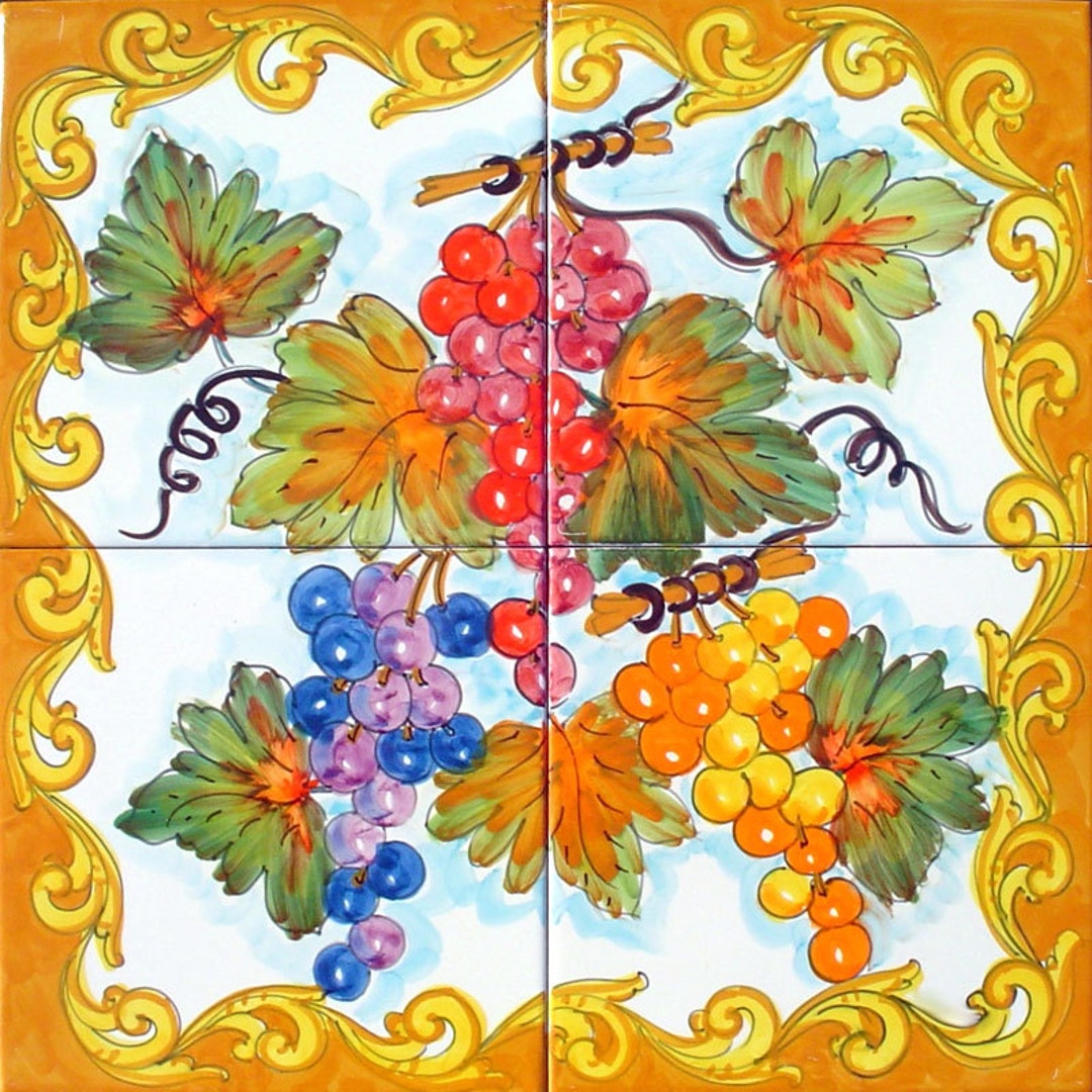 Hand Painted Tile Mural Baroque Grapevine Grape Decor Vineyard Decor