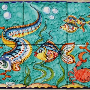Hand Painted Tile Mural - Orange Coral Under the Sea of Vietri Italy - Deep Sea Decor - Bathroom Decor - Decorative Tiles - Backspalsh idea