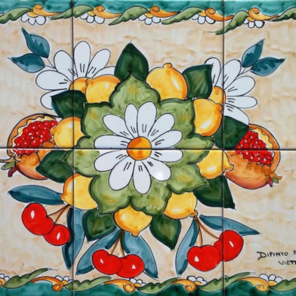 Handgemaltes Fliesenbild - Italienisches Obst - Backsplash Ideen - Beige Malerei - Obst und Blumen - Kirsche - Granatapfel
