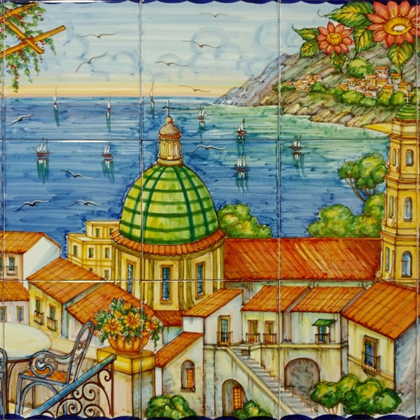 Pittura costiera amalfitana su piastrelle di ceramica, Vietri sul Mare con fiori e limoni, arte colorata, idee di design backsplash