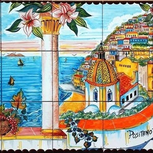Hand-Painted Italian Tile Mural – Positano Landscape Art