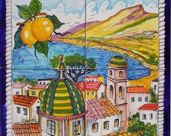 Hand Painted Italian Ceramic Tile Mural, Positano Coastal Decor