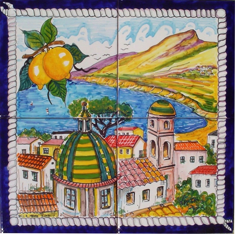 Hand Painted Italian Ceramic Tiles, Decorated Tiles, Positano Rope Frame Decoration, Backsplash Tile, Wall Art, Decorative Tiles, image 1