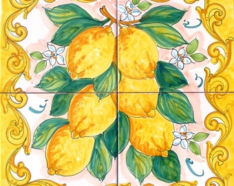 HandPainted Tile Mural, Yellow Lemon, Ceramic Tile Art and Craft, Lemon Decor, Tile Mural Backsplash, Backsplash Outdoor Tiles, Indoor Tiles