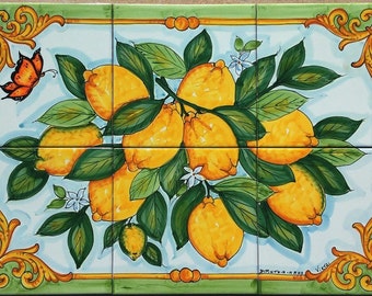 Hand Painted Tile Mural - Lemon Branch Ceramic Tile Mosaic - Table Top Decor - Green and Yellow Tiles - Decorative Tiles - Wall Decor