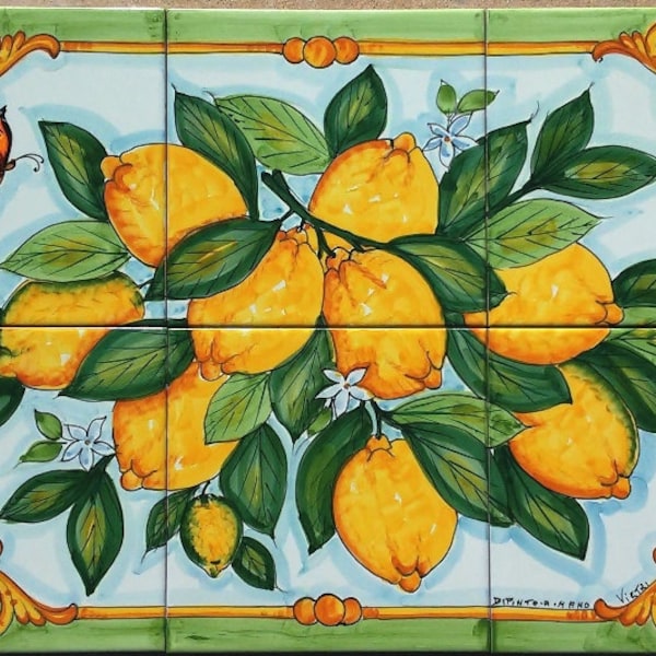 Hand Painted Tile Mural - Lemon Branch Ceramic Tile Mosaic - Table Top Decor - Green and Yellow Tiles - Decorative Tiles - Wall Decor