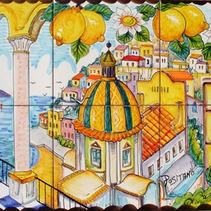 Handgemaltes Fliesenbild, Positano Italien, Bögen und Zitronen, wunderschöne Landschaft, Wanddekoration, Backsplash Fliesen, Einzigartige Kunst