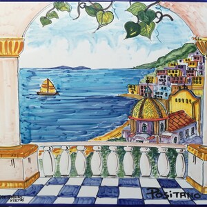 Hand Painted Tile For Hanger - Positano Terrace View - Wall Hanging - Ceramic Tile Hanging - Hanging Tile -  Art Hanger