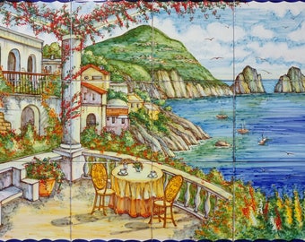 Ispirazione mediterranea, scena romantica di Capri Italia, arredamento romantico, opere d'arte su piastrelle, isola di Capri, arte italiana, arredamento dell'isola, belle arti