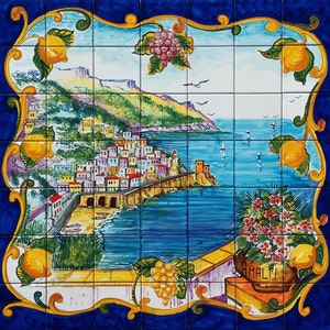Hand Painted Italian Tile Mosaic - Amalfi Coast - Colorful Wall Art - Coastal Decor Beach - Tile Mural - Gloss Tiles - Home Art