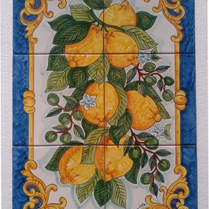 Mural de azulejos pintados à mão, formato vertical, ramo de limão, ramo de oliveira, decoração de mesa, azulejos de cozinha, decoração de casa, verde e amarelo