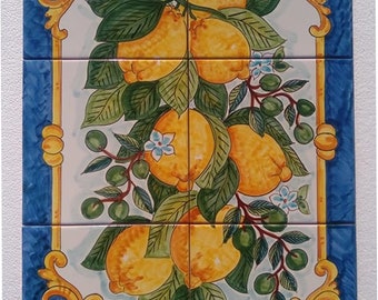 Hand Painted Tile Mural, Vertical Format, Lemon Branch, Olive Branch, Table Top Decor, Kitchen Tiles, Home Decorating, Green and Yellow