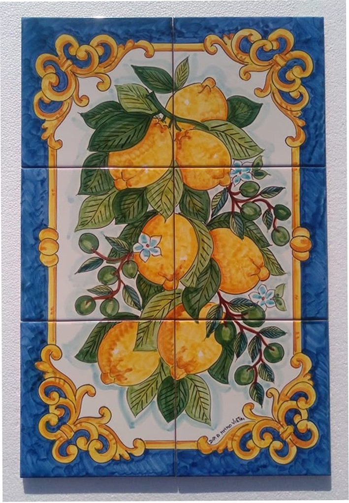 Hand Painted Tile Mural, Vertical Format, Lemon Branch, Olive Branch, Table Top Decor, Kitchen Tiles, Home Decorating, Green and Yellow
