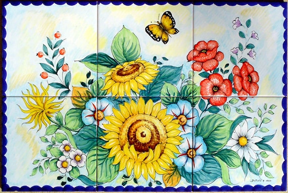 Flower Bathroom Tiles Backsplash Flowers Painting - Sunflower - Poppies - Butterfly - Decor Fine Art