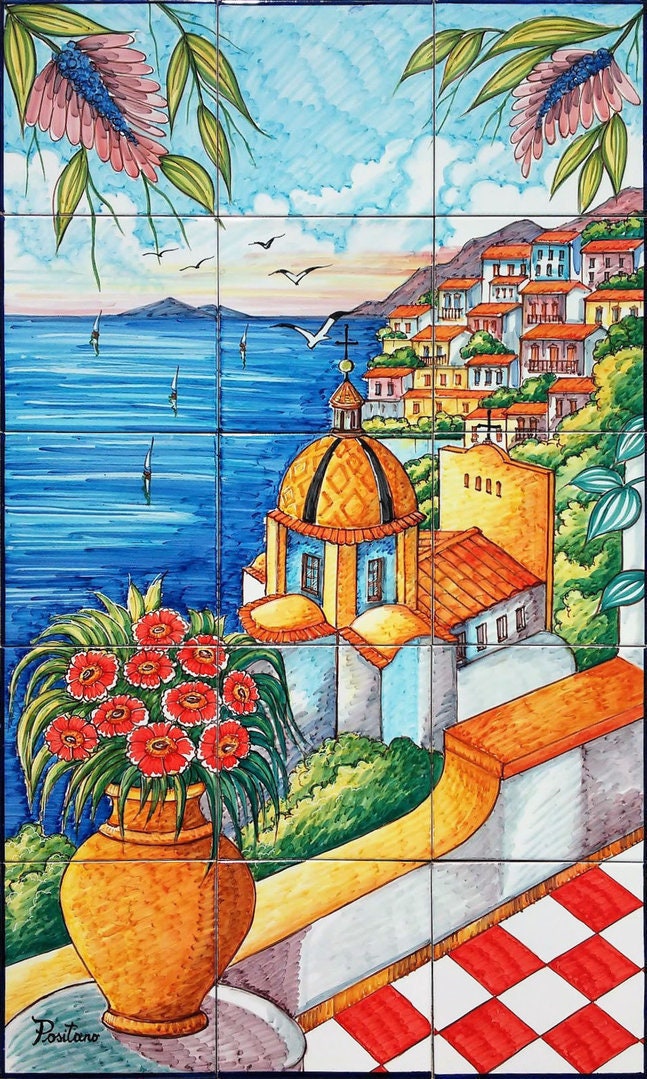Murale in Piastrelle Della Terrazza Di Positano, Decorazione Con Per Paraschizzi Dipinte A Mano