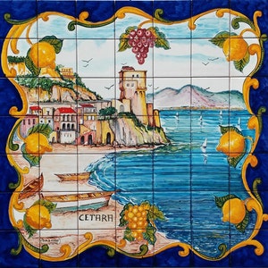 Hand Painted Ceramic Tiles - Cetara Italy - Mosaic Tiles - Ceramic Glaze - Beach Painting - Home Decor - Italian Art - Wall Tiles