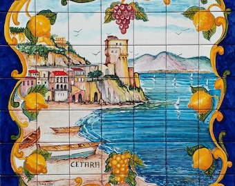 Handbemalte Keramikfliesen - Cetara Italy - Mosaikfliesen - Keramikglasur - Strandmalerei - Wohndekor - Italienische Kunst - Wandfliesen