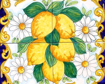 Hand Painted Tile Mural Backsplash, Kitchen Backsplash, Lemon and Daisy, Accent Tiles, Home Design, Decorative Backsplash, Home Decor