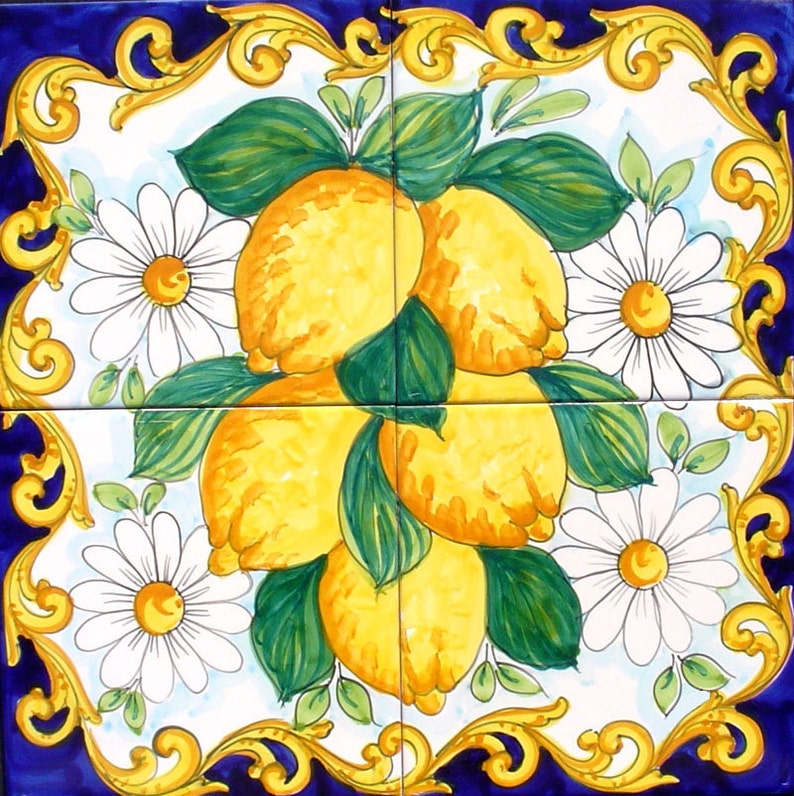 Hand Painted Tile Mural Backsplash, Kitchen Backsplash, Lemon and Daisy, Accent Tiles, Home Design, Decorative Backsplash, Home Decor image 1