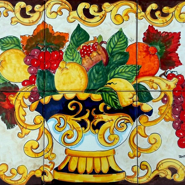 Hand Painted Italian Ceramic Tiles - Fruit Basket  - Rustic Home Decor - Backsplash Tiles - Kitchen Decor - Ceramic Wall Art Kitchen