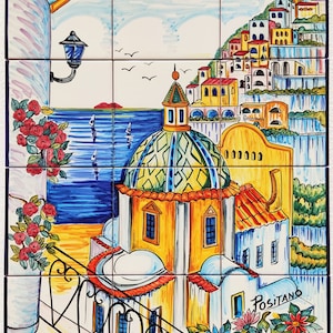 Handgemaltes Fliesenbild - Positano Kirchenfliesenmosaik - Italienische Majolika - Wanddekor - Aufkantung / Küchendekoration