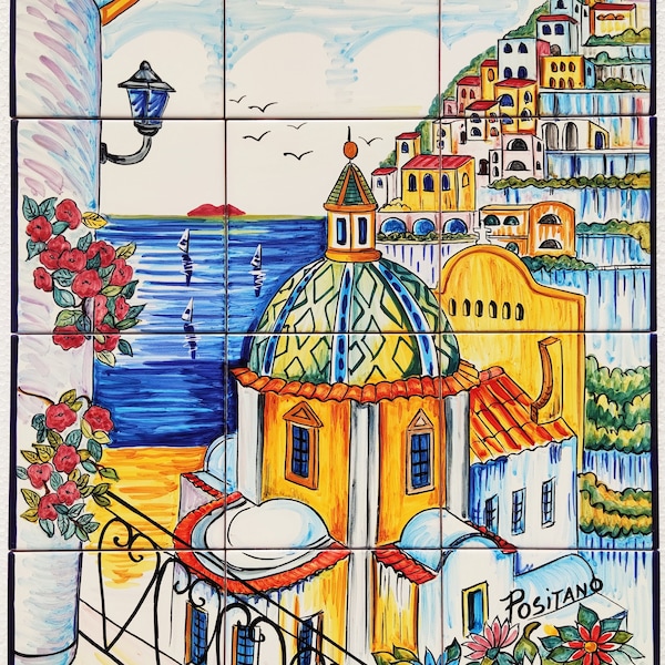 Handgemaltes Fliesenbild - Positano Kirche Fliesen Mosaik - Italienische Majolika - Wanddekoration - Backsplash Fliesen - Küchenfliesen Dekor