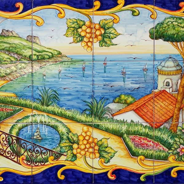 Ravello Landscape Painting on Tiles, Handpainted Tile Mural, Italian Ceramic Mural Tiles, Amalfi Coast Italy, Scenic Art, Ceramic Backslpash