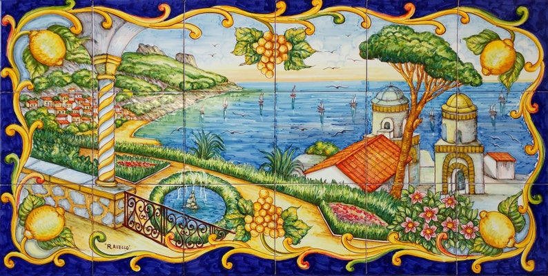 Ravello Landscape Painting On Tiles Handpainted Tile Mural Image 0