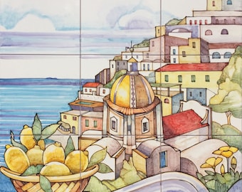 Hand-Painted Ceramic Tile Mural, Positano Italy, Lemon Basket