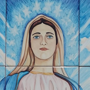 Hand Painted Religious Tile Mural, Catholic Art, Our Lady of Medjugorje, Virgin Mary Art, Queen of Peace, Wall Decor, Christian Wall Art