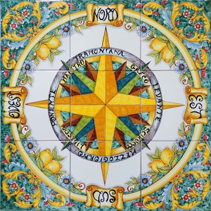 Tile Compass Rose, Art for your Floor and Wall, Compass Decor, Compass Nautical, Lemon Decor, Wall Mural, Floor Tile, Tile Floor Medallion