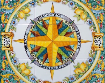 Hand-Painted Tile Compass Rose Medallion, Nautical Decor