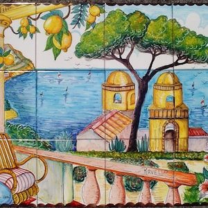 Handgemaltes italienisches Fliesenbild, Ravello Italy, Italienische Landschaft, Italienische Fliesen, Made in Italy, Außendekor, Gartendekor