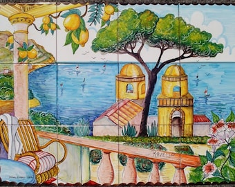 Murale di piastrelle italiane dipinto a mano, paesaggio di Ravello, arredamento per esterni