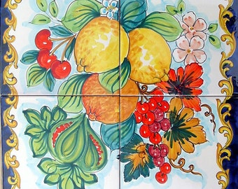 Hand Painted Ceramic Tile Mural - Lemons and Citrus - Baroque Style - Backsplash Tiles - Kitchen Art Painting - Outside Decor