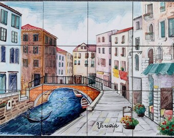 Handgemaltes Venedig Fliesenbild – Gondel/Kanal-Szene, italienische Kunst