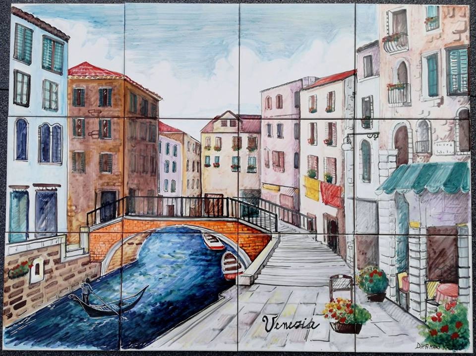 Hand-Painted Venice Tile Mural - Gondola Canal Scene, Italian Art