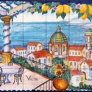 Large Decorative Backsplash Tiles, Hand Painted Tile Mural, Vietri, Art Tiles, Italian Art, Coastal Decor, Landscape Painting