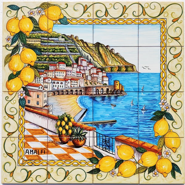 Amalfi peint à la main Italie, Décoration de la maison, Carreaux de céramique, Sud de l’Italie, Paysage marin amalfitain, Belle vue, Carreaux de dosseret