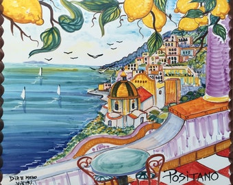 Hand Painted Tiles, Italy Gift, Hand Painted Tile Hanging, Positano Terrace and Yellow Lemons, Wall Hanging, Coastal Art