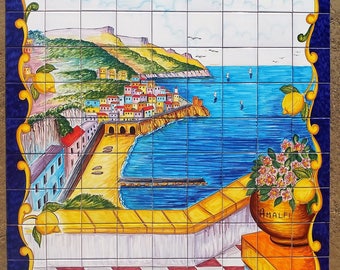 Murale in piastrelle della Costiera Amalfitana dipinto a mano, arredamento italiano