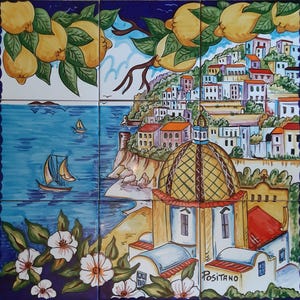 Italienische Keramikwandbilder für Küchenrückwand, Küste von Positano, Italien, handgemalte Kunstfliesen, Badezimmerfliesenwandkunst, Wanddekoration für den Außenbereich